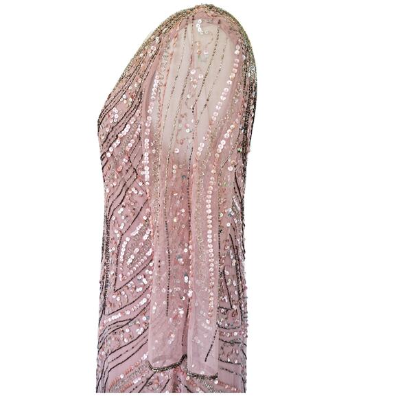 Adrianna Papell Beaded Tulle Maxi Dress 14 Dusted Petal Pink Formal Gown 3/4 Slv - Picture 10 of 13